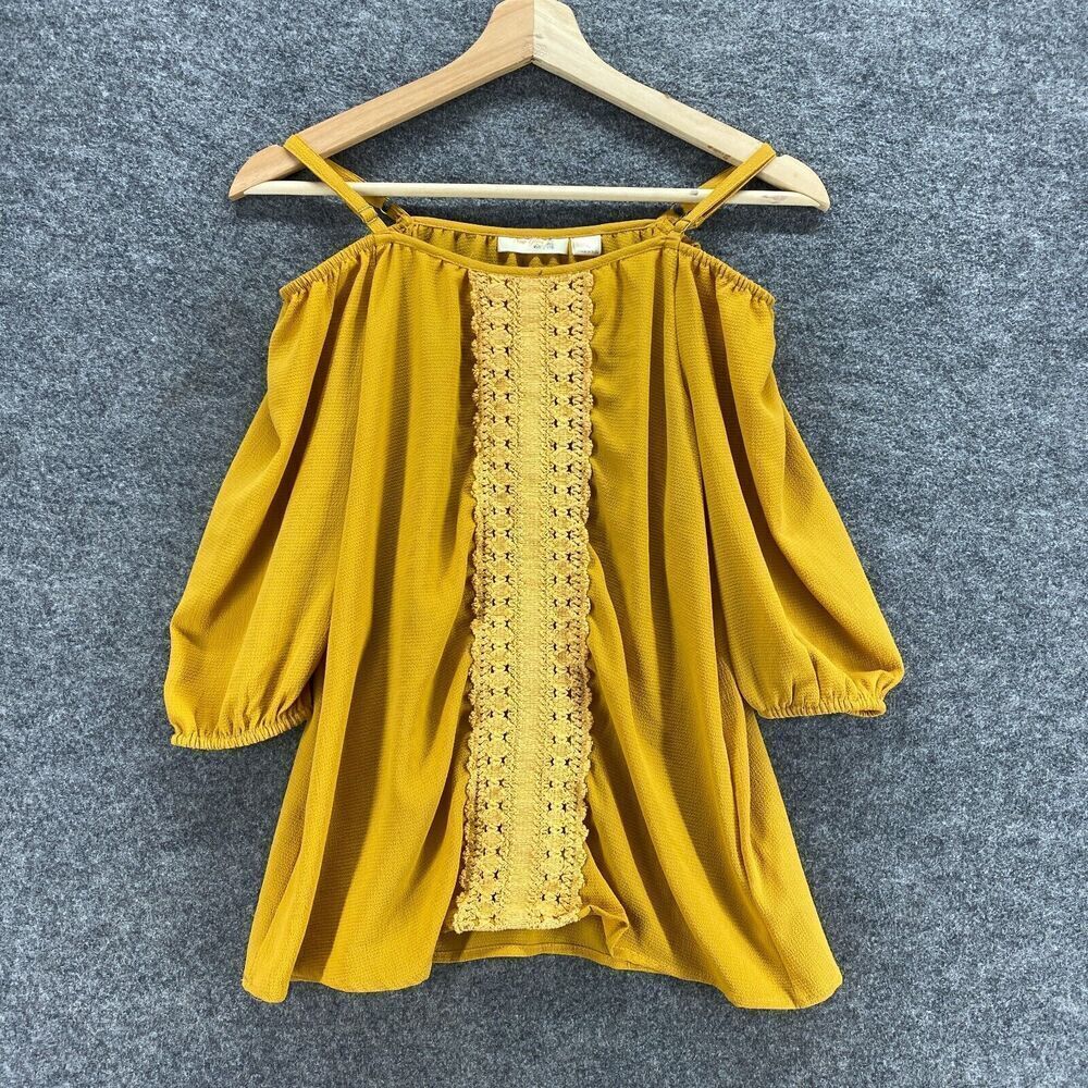 New Glory Blouse Women S Small Yellow Cold Shoulder 3/4 Sleeve Square Neck Solid